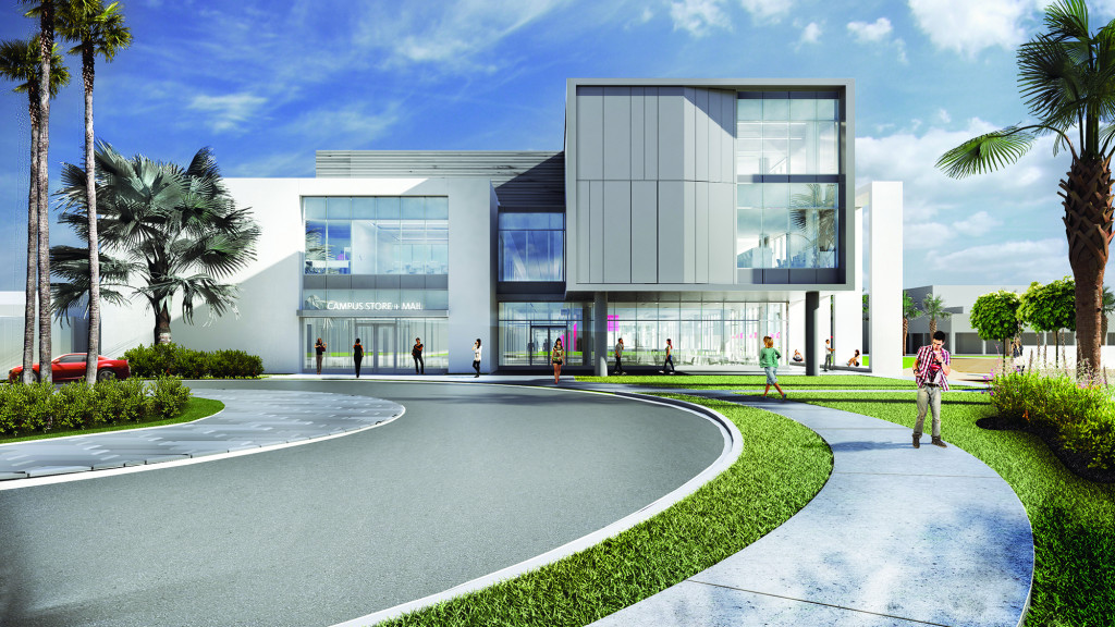 A building with people walking around.